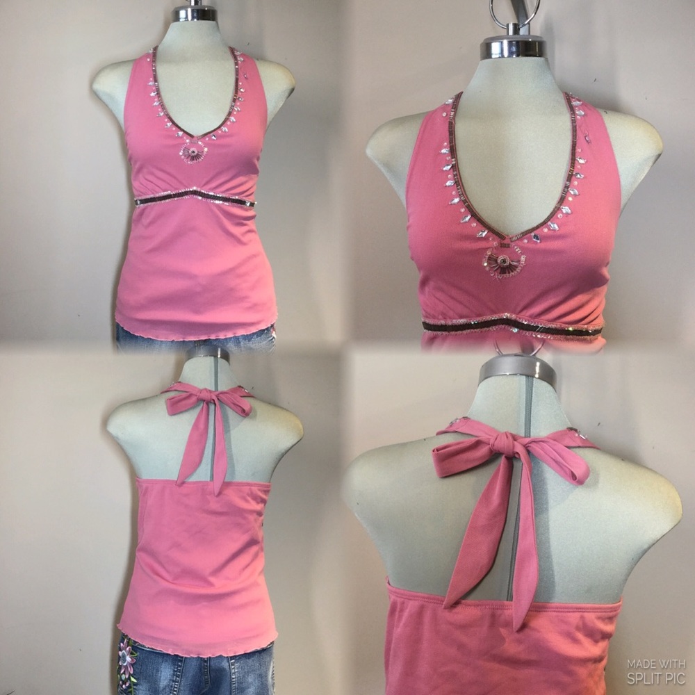 Luxury Beaded Designer Open Back Pink Top, Size M